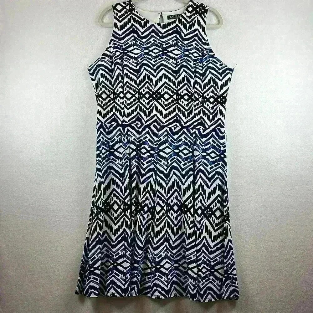Lauren Ralph Lauren Women’s Dress Sz 14W Blue/ White Belt Office Vacation Resort